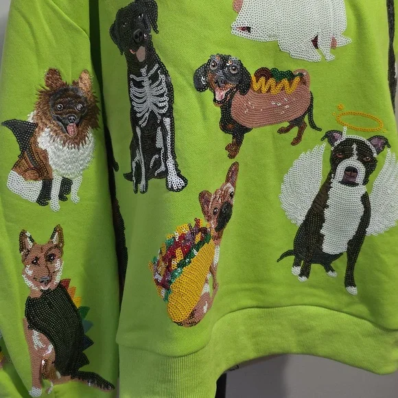 Queen of Sparkles Limited Edition Halloween Dogs Lime Green Sweatshirt Small - Picture 3 of 12